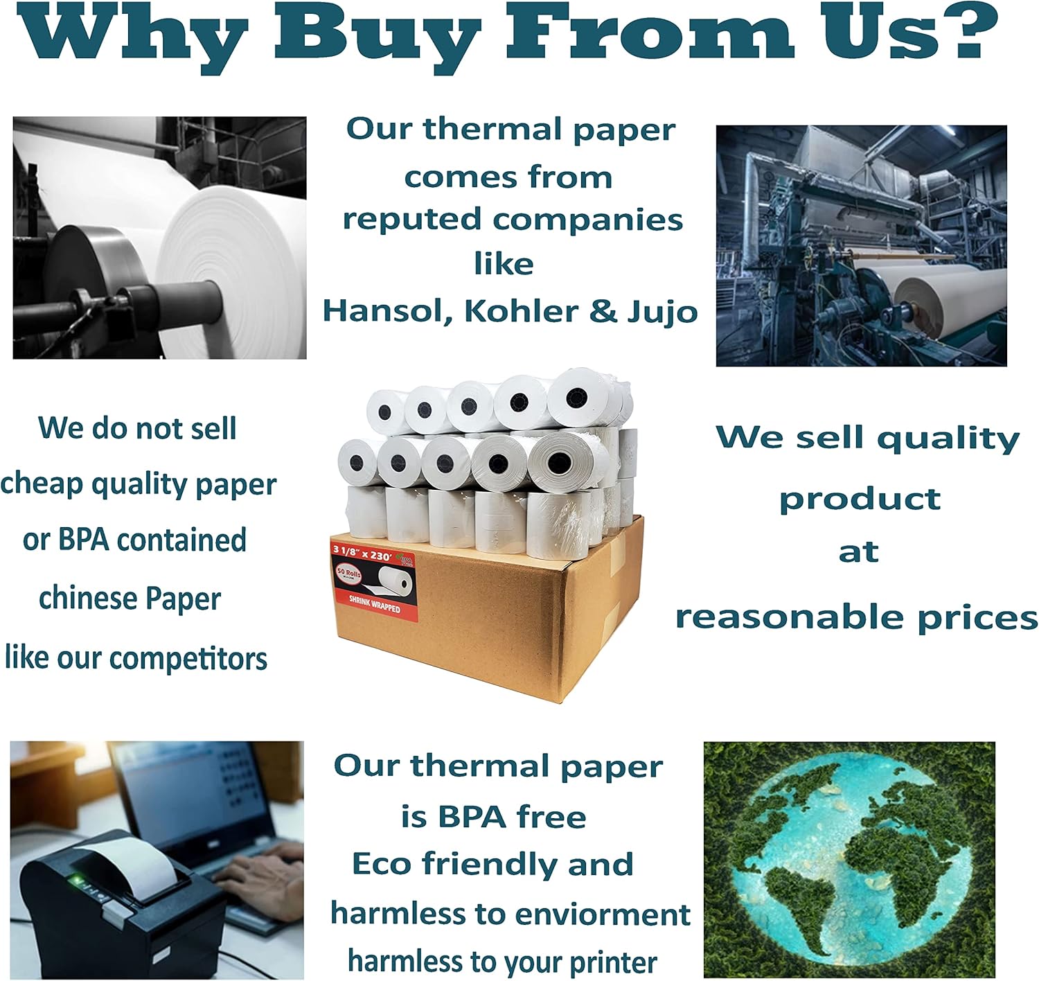 3 1/8" x 230' BPA-Free Thermal Receipt Paper Rolls (50 Rolls)